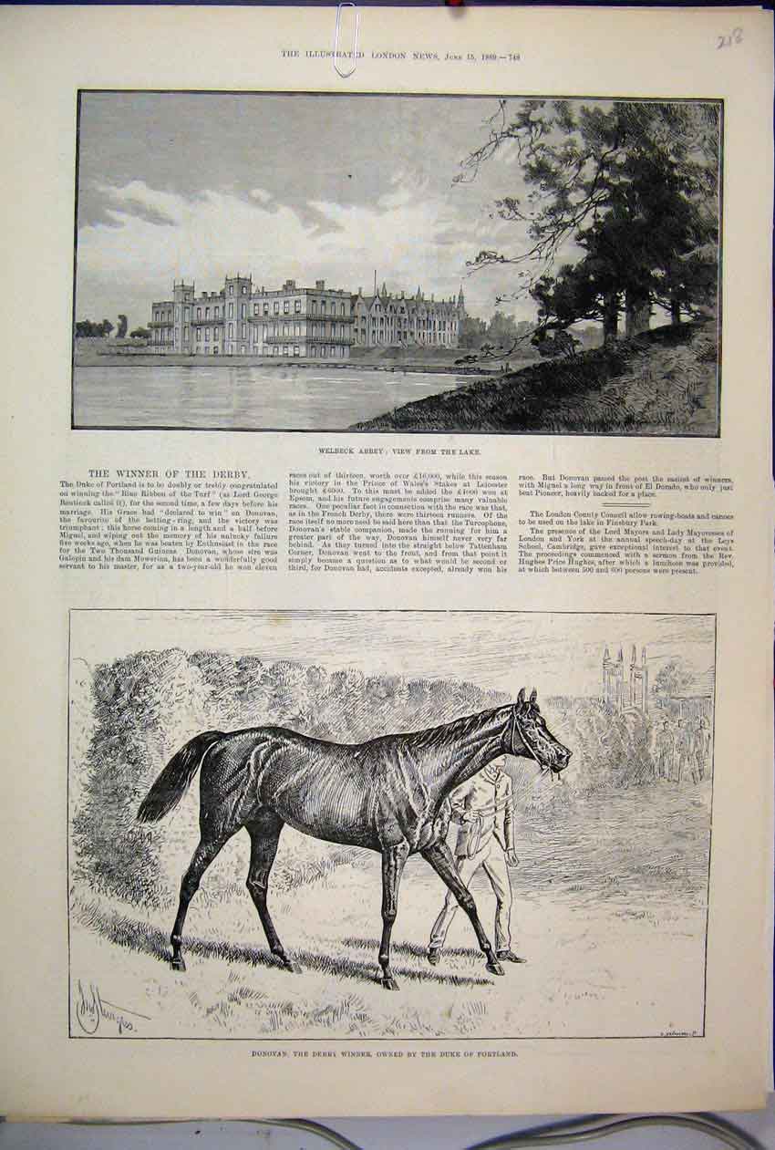 Original Old Antique Print 1889 Welbeck Abbey Lake Donovan Derby Winner Portland