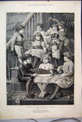 Original Old Antique Print 1886 Christmas Party Children Stairs Fine Art 19th