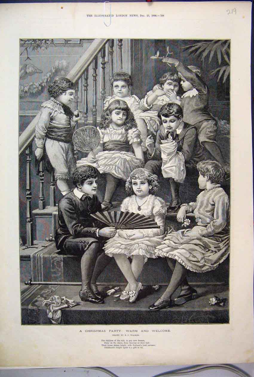 Original Old Antique Print 1886 Christmas Party Children Stairs Fine Art 19th