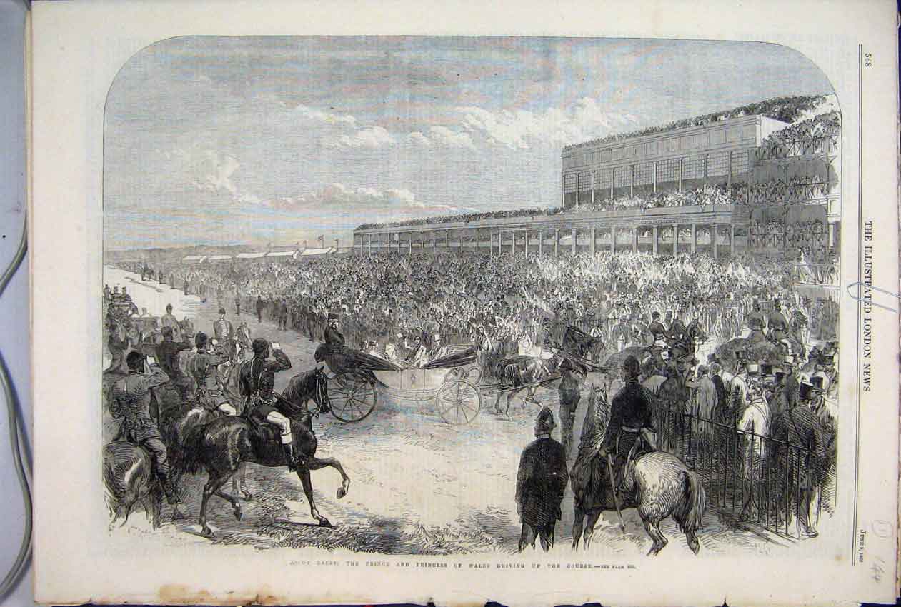 Original Old Antique Print 1866 Ascot Races Prince Princess Wales Driving Course
