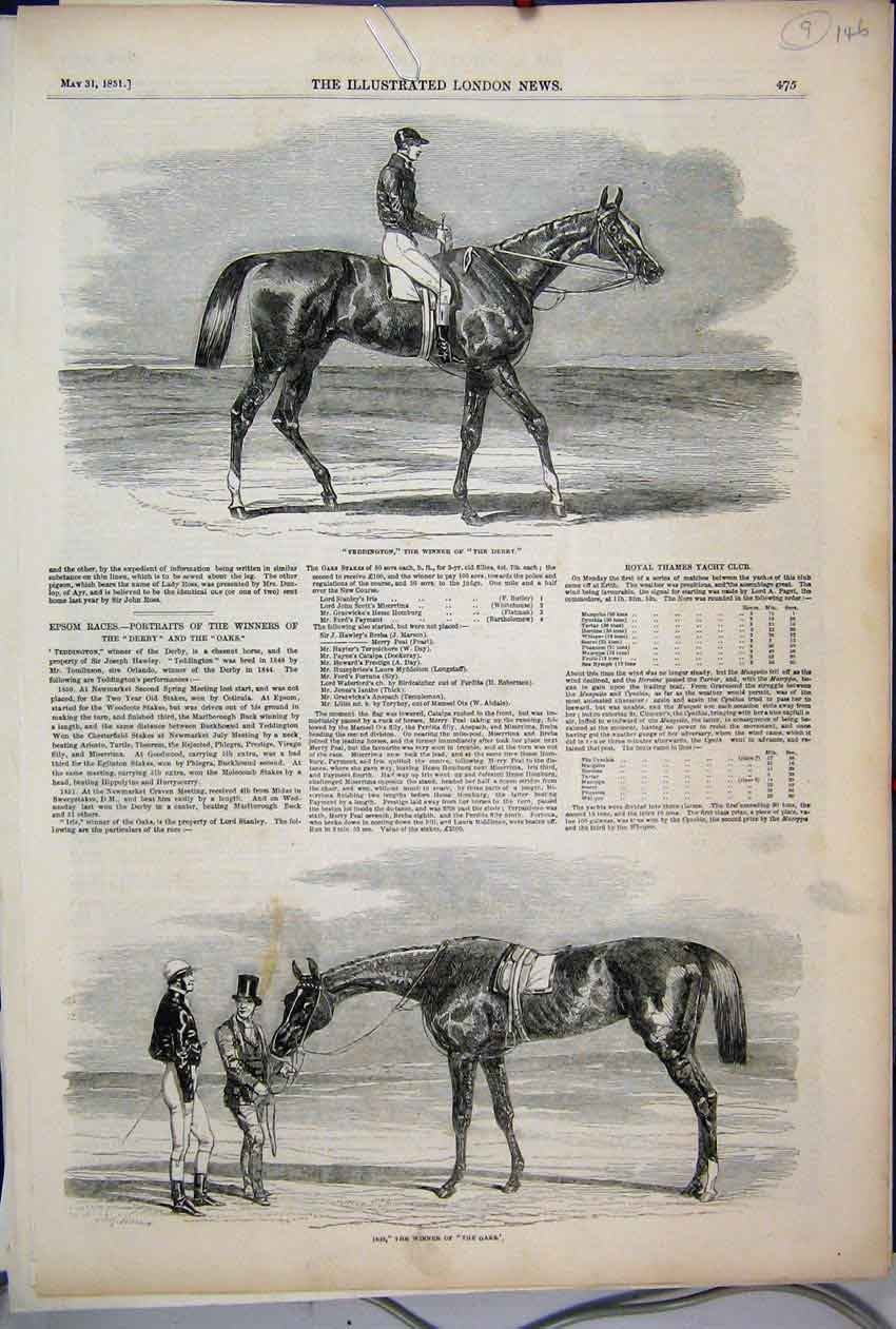 Original Old Antique Print 1851 Teddington Derby Horse Iris Oaks Winners 19th