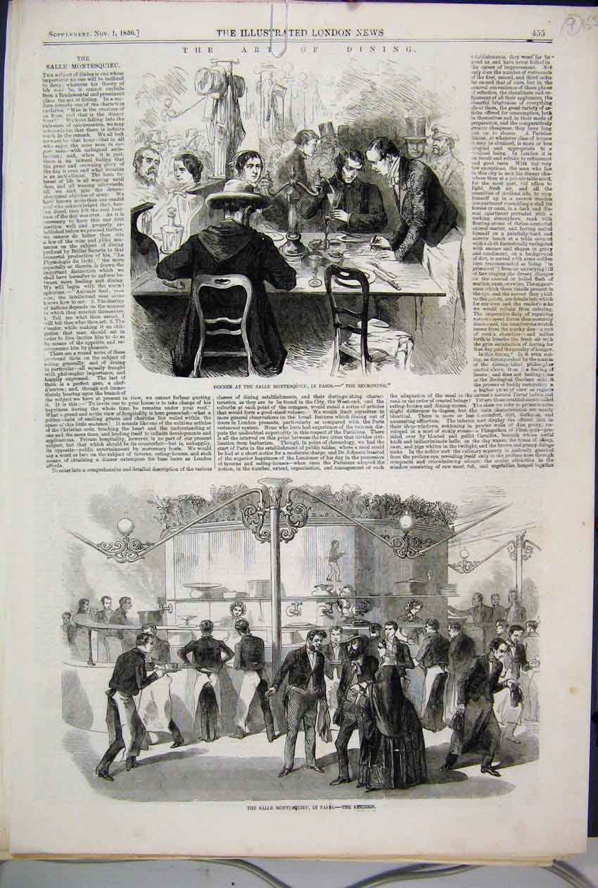 Original Old Antique Print 1856 Dining Salle Montesquieu Paris Kitchen Victorian