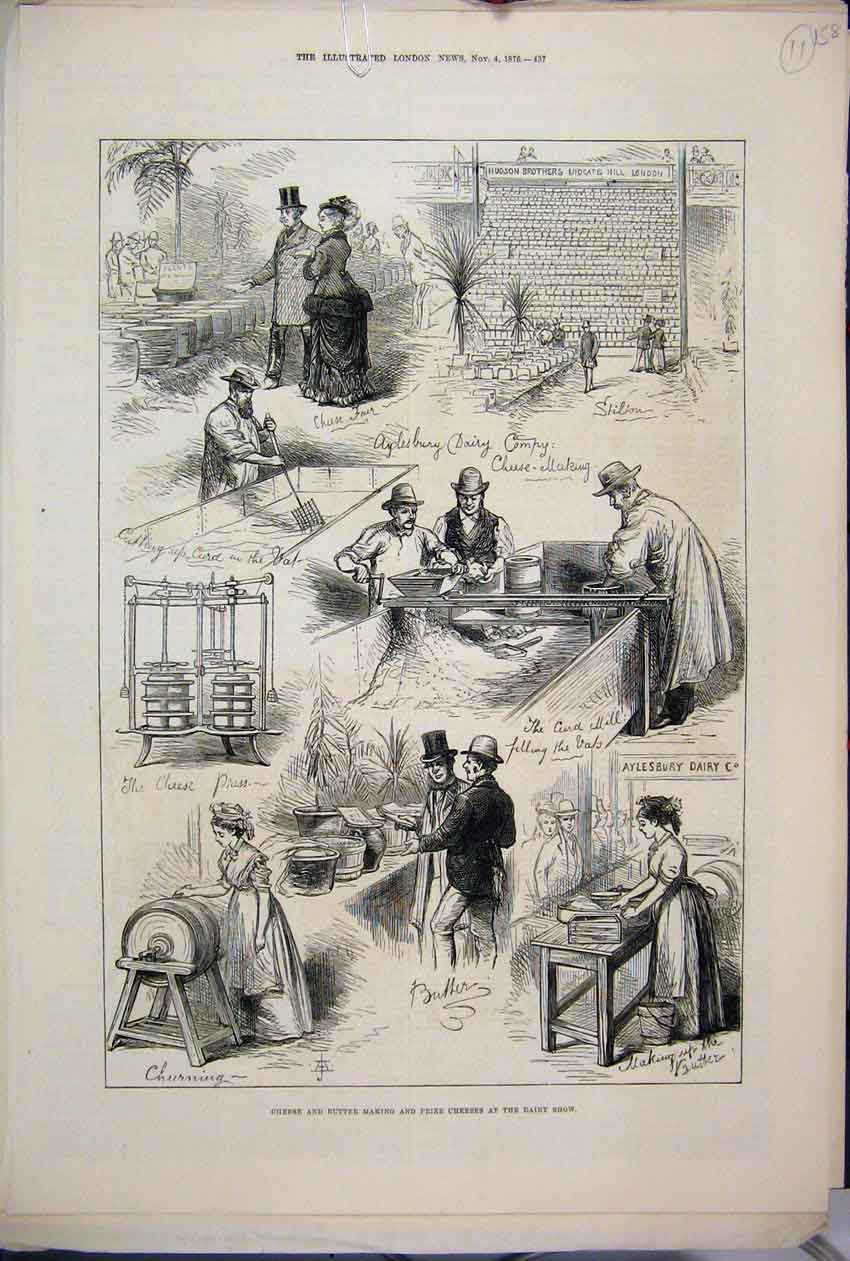 Original Old Antique Print 1876 Cheese Butter Making Prize Dairy Show Aylesbury