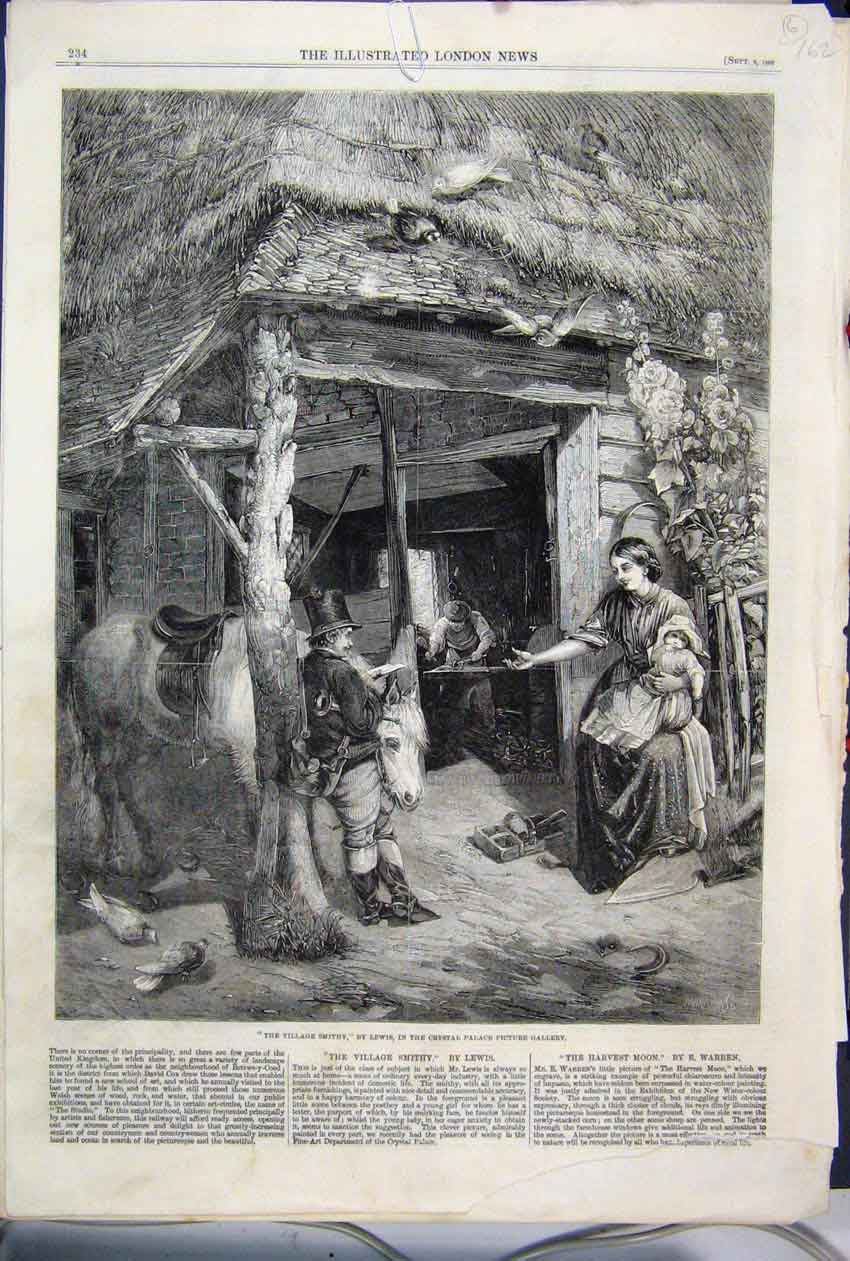 Original Old Antique Print 1860 Village Smithy Mother Baby Horse Birds Victorian