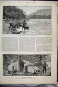 Original Old Antique Print 1890 Salmon Fishing North America Miramichi Birch Bar