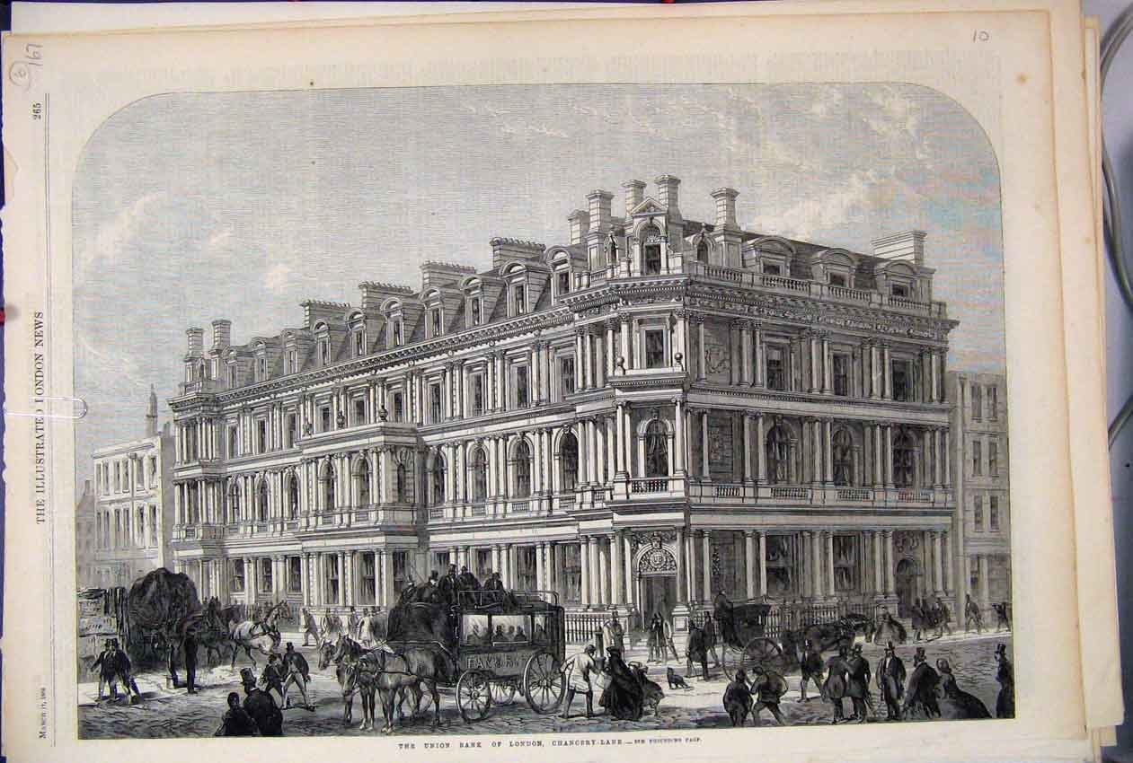 Original Old Antique Print 1866 Union Bank Chancery Lane London Horse Carriage