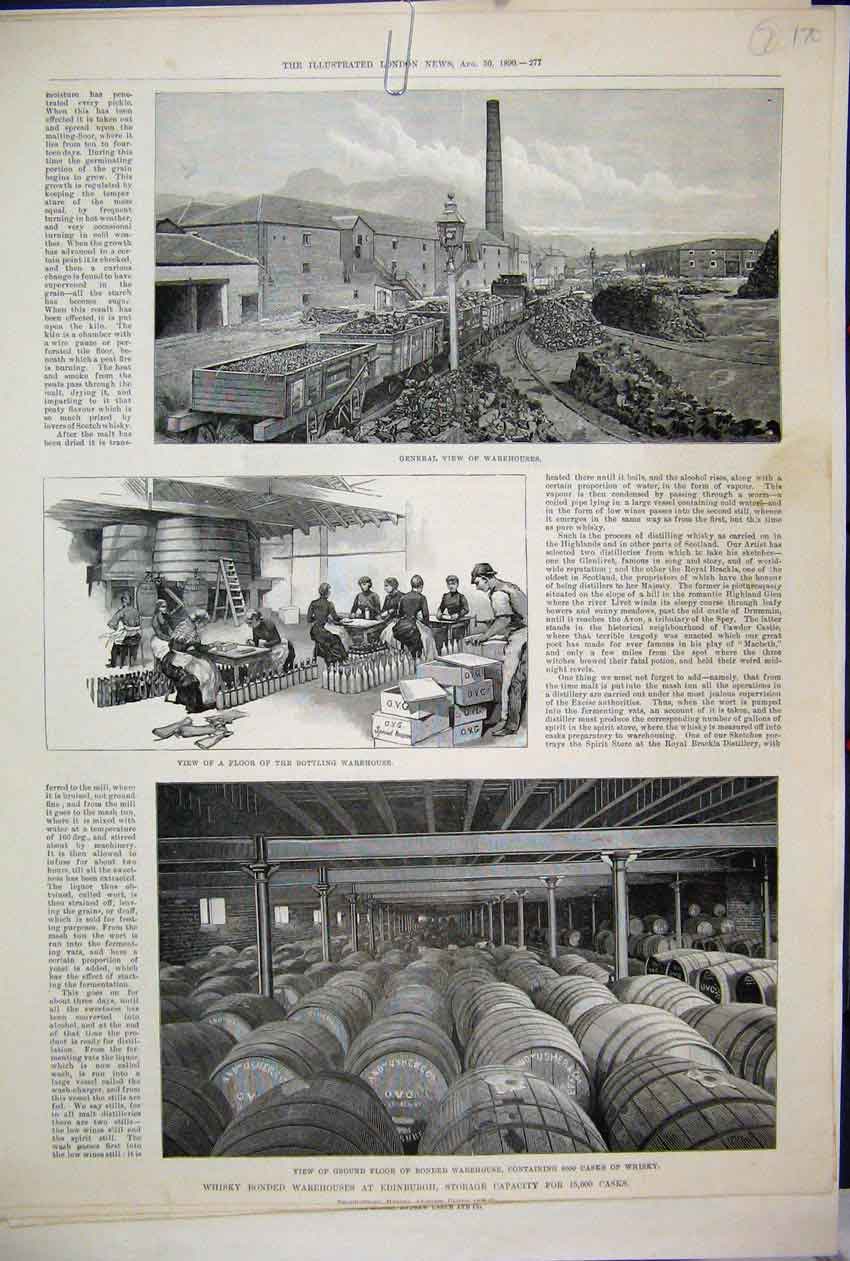 Original Old Antique Print 1890 Whisky Warehouse Edinburgh Bottling Casks 19th