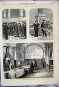Original Old Antique Print 1865 Greenwich Hospital Dining Hall Kitchen Music