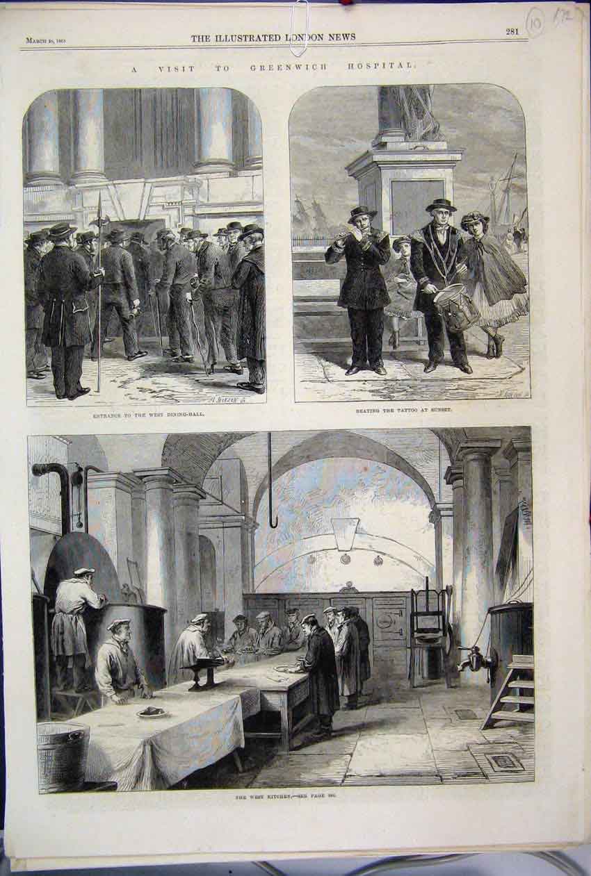 Original Old Antique Print 1865 Greenwich Hospital Dining Hall Kitchen Music
