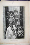 Original Old Antique Print 1890 Woman Mirror Flowers Schachinger Pri Victorian