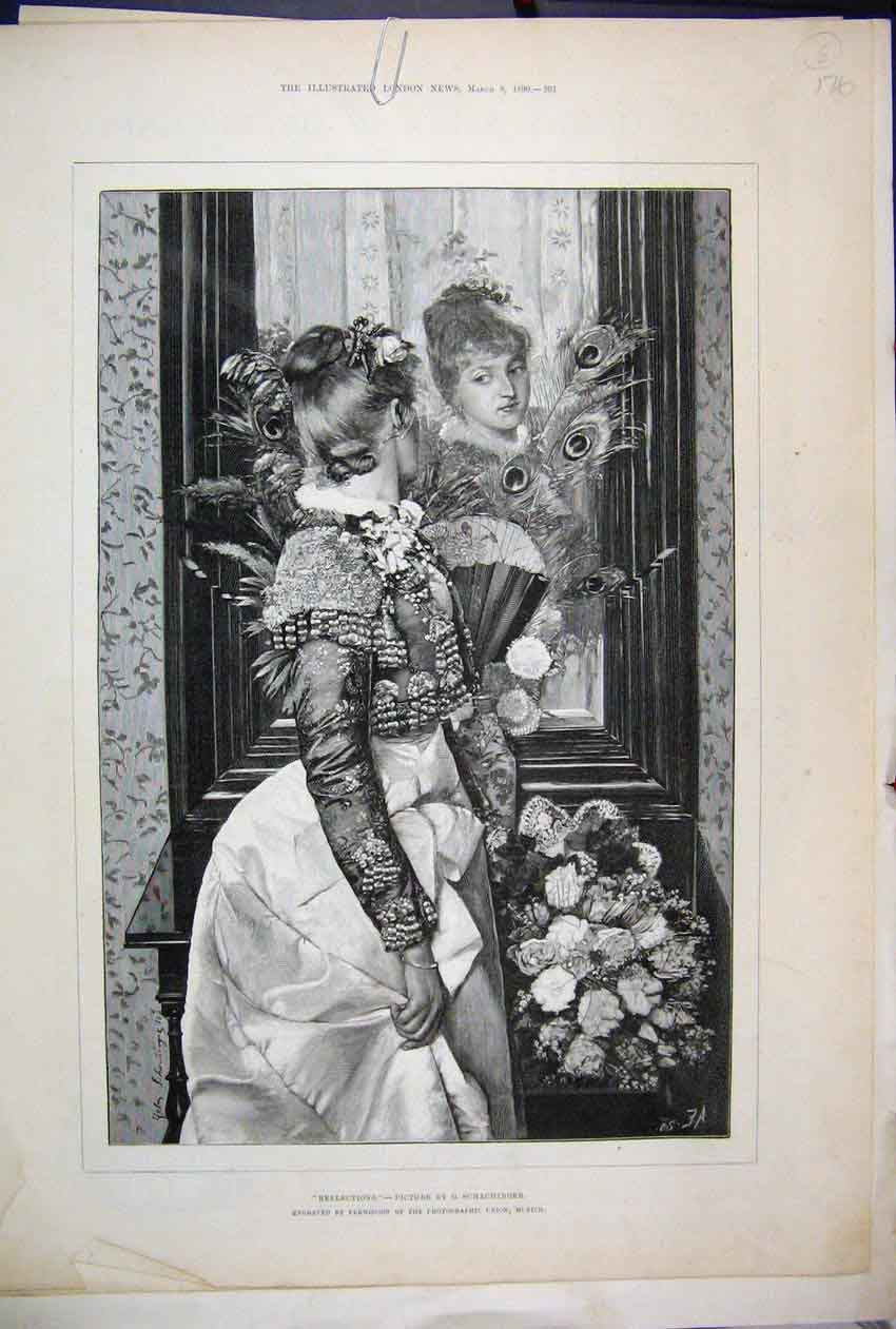 Original Old Antique Print 1890 Woman Mirror Flowers Schachinger Pri Victorian