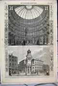 Original Old Antique Print 1849 Coal Exchange Buildings Street Scene Donkey 19th