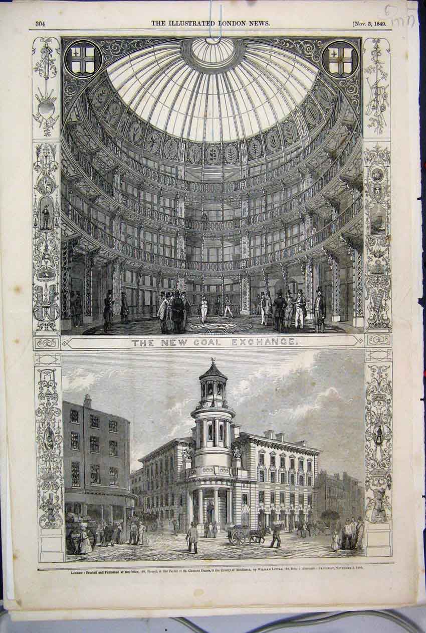 Original Old Antique Print 1849 Coal Exchange Buildings Street Scene Donkey 19th