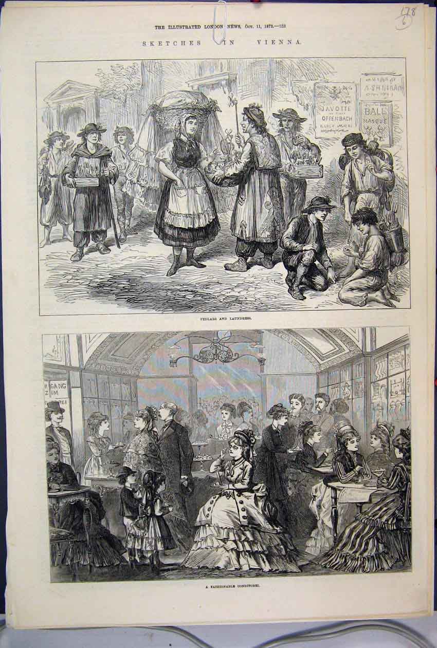 Original Old Antique Print 1873 Vienna Pedlars Laundress Conditorel Sketches
