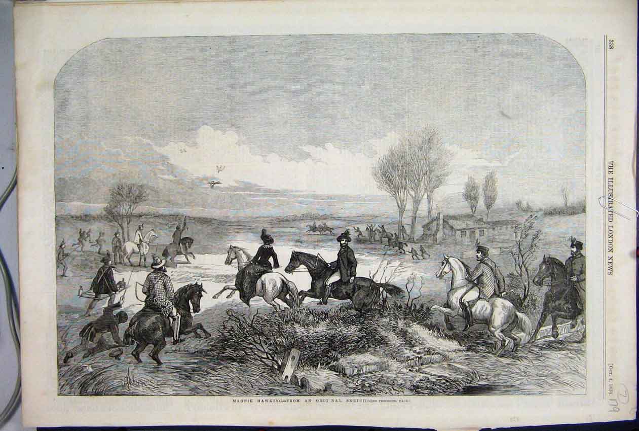 Original Old Antique Print 1856 Magpie Hawking Horses Men Fine Art Victorian