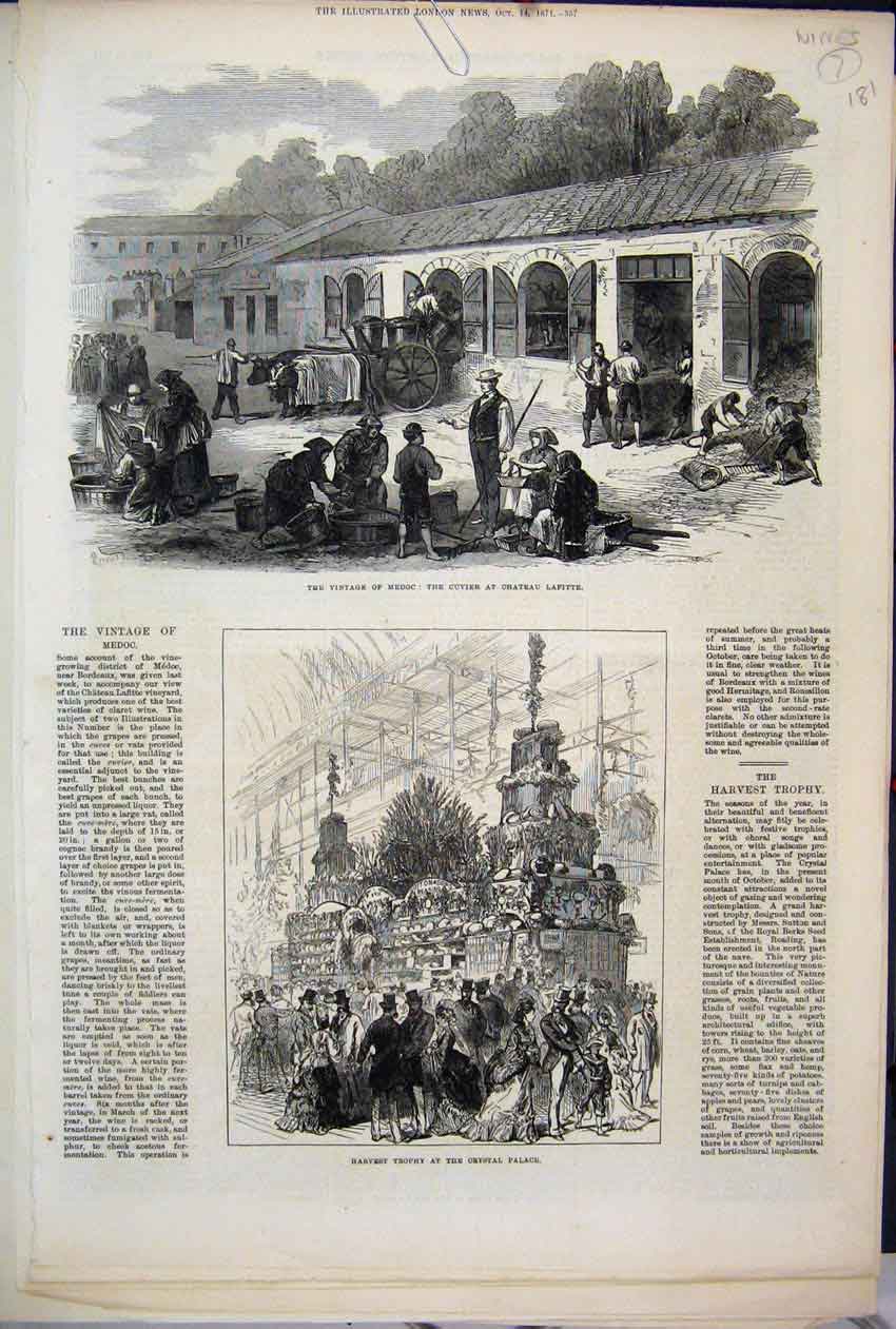 Original Old Antique Print 1871 Wines Medoc Cuvier Harvest Trophy Crystal 19th