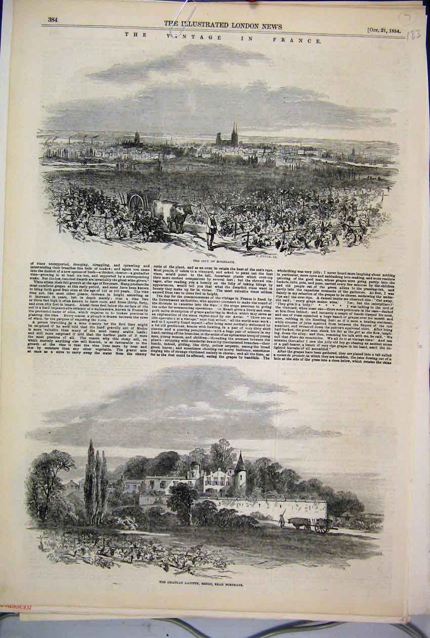 Original Old Antique Print 1854 France Bordeaux Chateau Lafitte Medoc Victorian