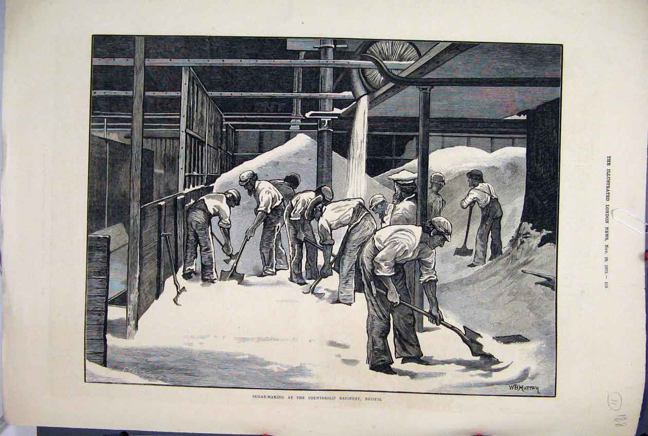 Original Old Antique Print 1873 Sugar Making Counterslip Refinery Bristol Men