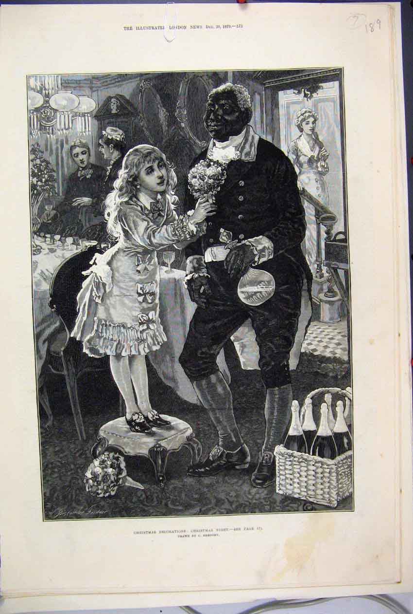Original Old Antique Print 1879 Christmas Decorations Little Girl Flowers Dinner