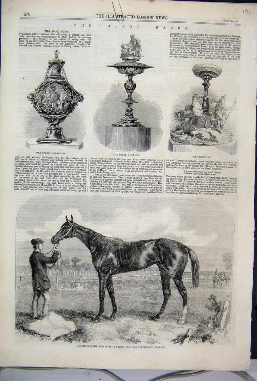 Old Antique Print 1861 Ascot Races Thormanby Horse Royal Hunt Queens Vase 19th