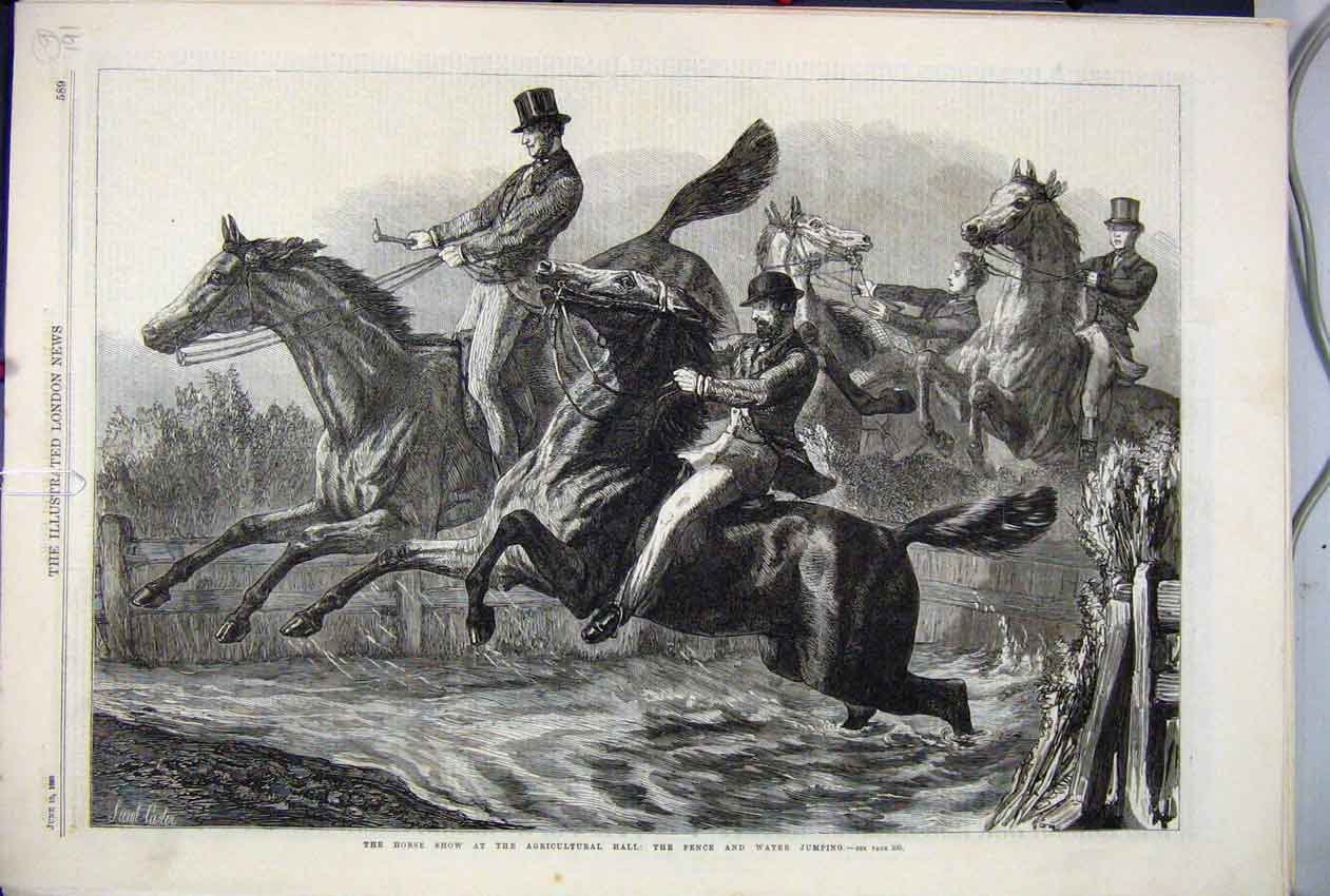 Original Old Antique Print 1869 Horse Show Agricultural Hall Fence Water Jumpin