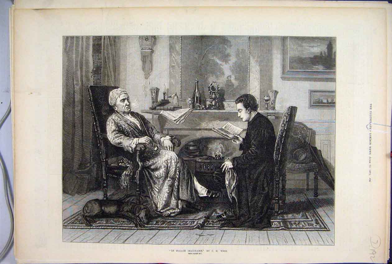 Original Old Antique Print 1872 Le Malade Imaginaire Webb Men Reading Fire Dog