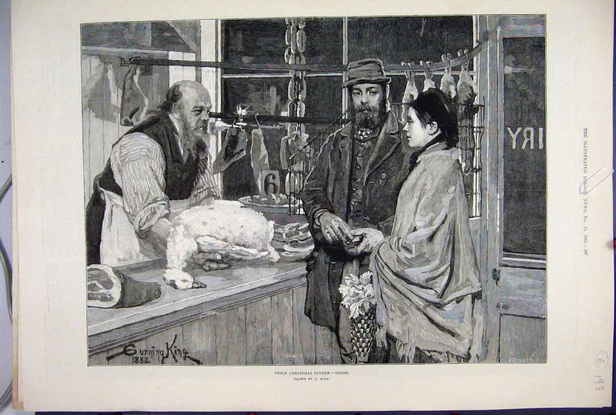Original Old Antique Print 1883 Christmas Dinner Shopping Goose Butcher 19th
