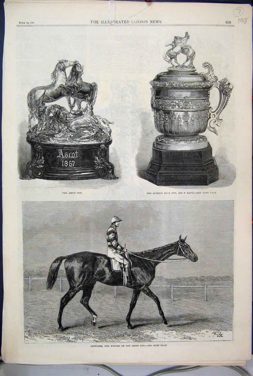Original Old Antique Print 1867 Ascot Cup Queens GCup Lecturer Horse Victorian
