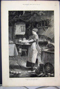 Original Old Antique Print 1879 Cooking Christmas Dinner Woman Kitchen Vegetable