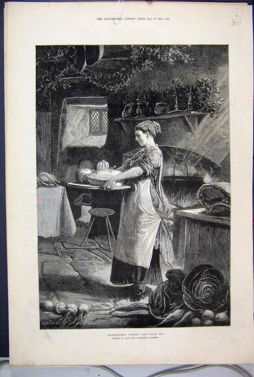 Original Old Antique Print 1879 Cooking Christmas Dinner Woman Kitchen Vegetable