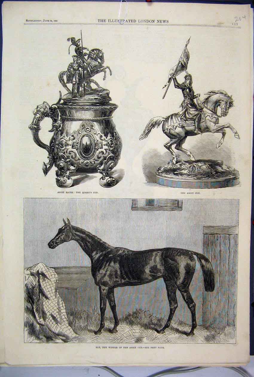 Original Old Antique Print 1865 Ascot Race Horse Ely Winner Cup Queens Victorian
