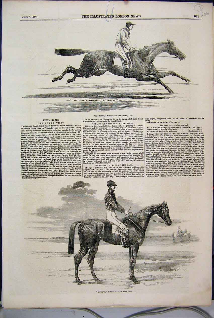 Original Old Antique Print 1856 Epsom Races Ellington Derby Mincepie Oaks Horse