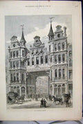 Original Old Antique Print 1881 New Leadenhall Market Horse Carriage Victorian