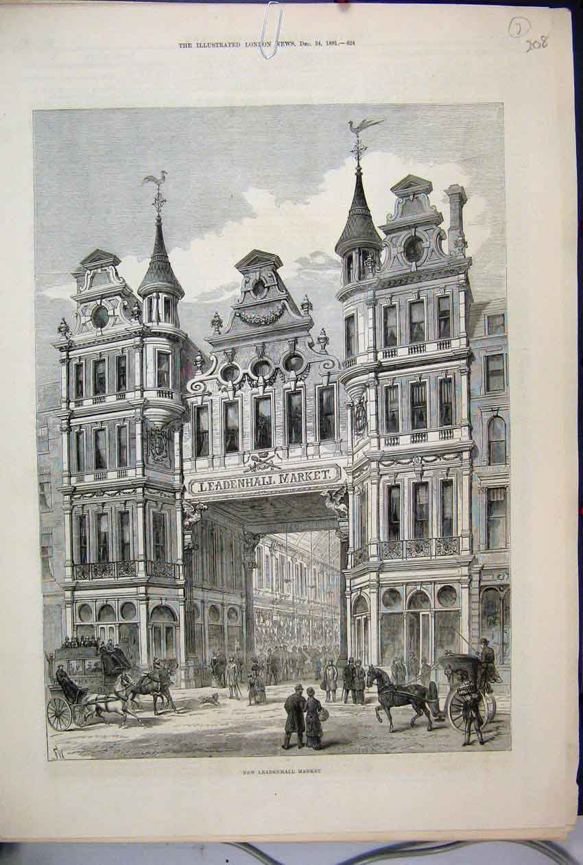 Original Old Antique Print 1881 New Leadenhall Market Horse Carriage Victorian