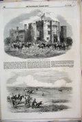 Original Old Antique Print 1855 Fox Hunting Hever Castle Coursing Horse Dogs