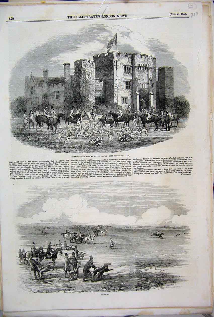 Original Old Antique Print 1855 Fox Hunting Hever Castle Coursing Horse Dogs