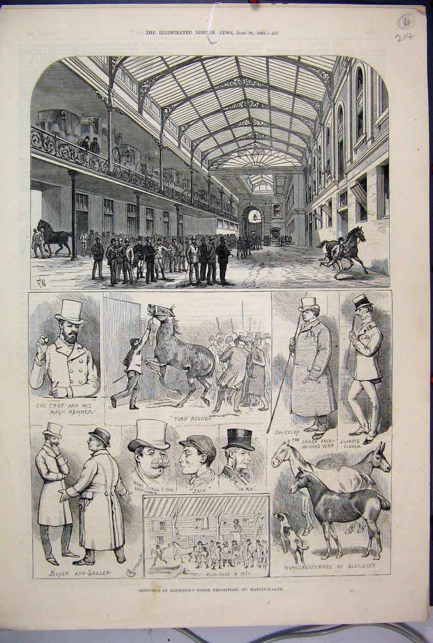 Original Old Antique Print 1883 Aldridges Horse Repository Martins Lane 19th