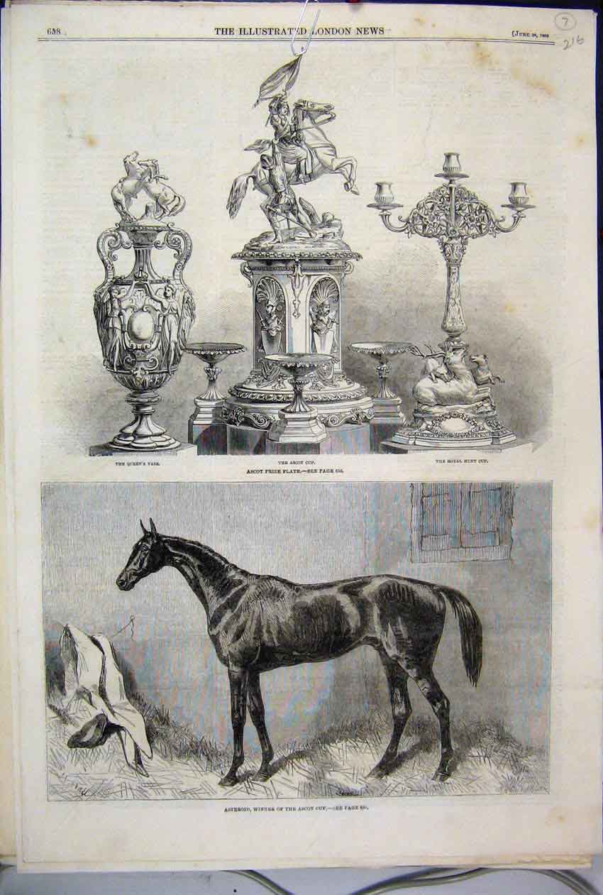 Original Old Antique Print 1862 Ascot Horse Asteroid Cup Royal Hunt Queens Vase