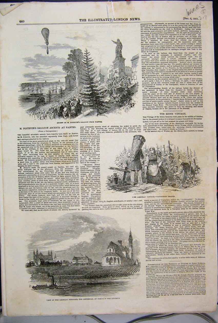 Original Old Antique Print 1851 Wine Liebfrau Vineyard Poitevin Balloon Nantes