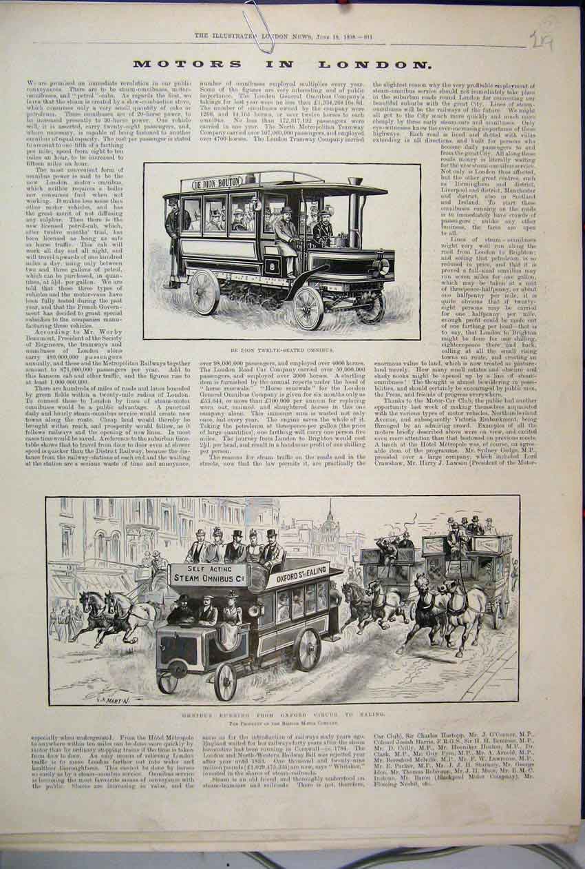 Original Old Antique Print 1898 Omnibus Oxford Circus Ealing De Dion Motors 19th