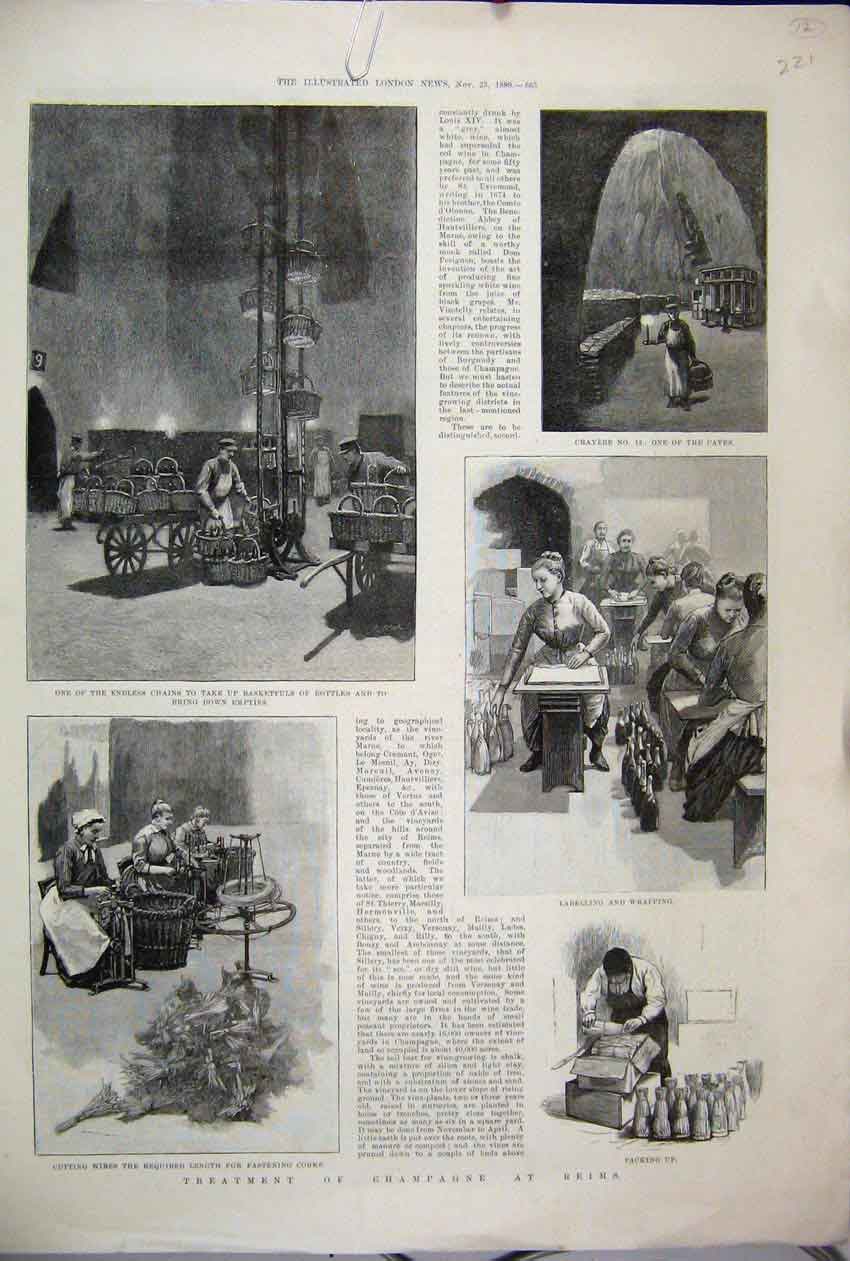 Original Old Antique Print 1889 Champagne Remis Bottles Wrapping Labelling 19th