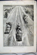 Old Antique Print 1886 Colonial Indian Tobogganing Canada Montreal Slide 19th