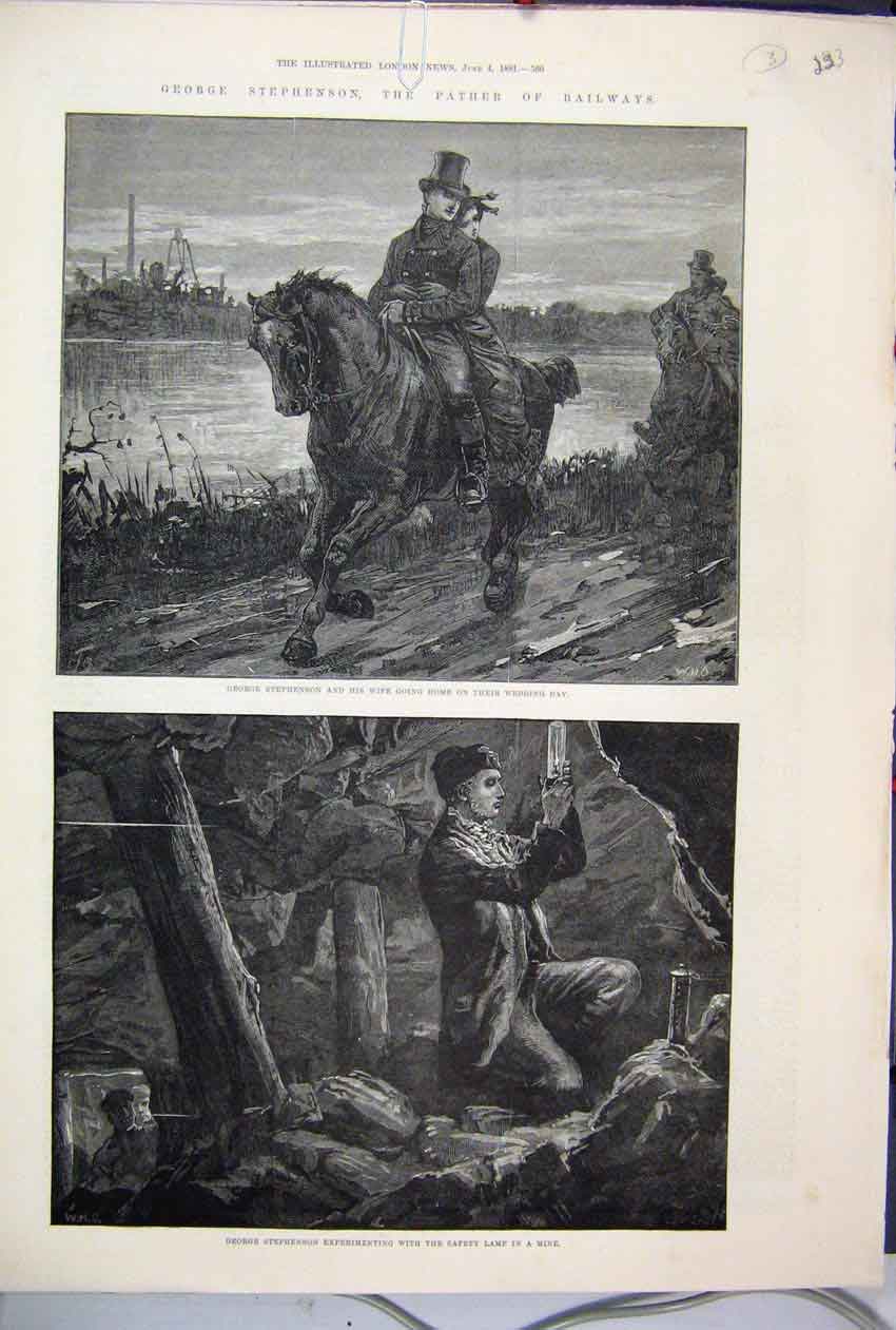 Original Old Antique Print 1881 George Stephenson Railways Wedding Day Mine 19th