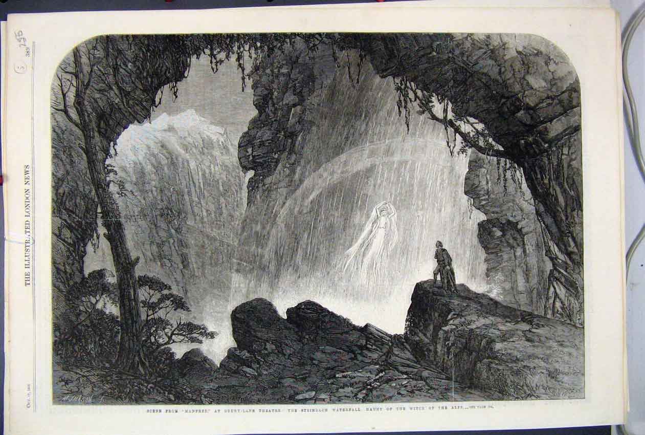 Original Old Antique Print 1863 Manfred Drury Lane Theatre Steinbach Waterfall