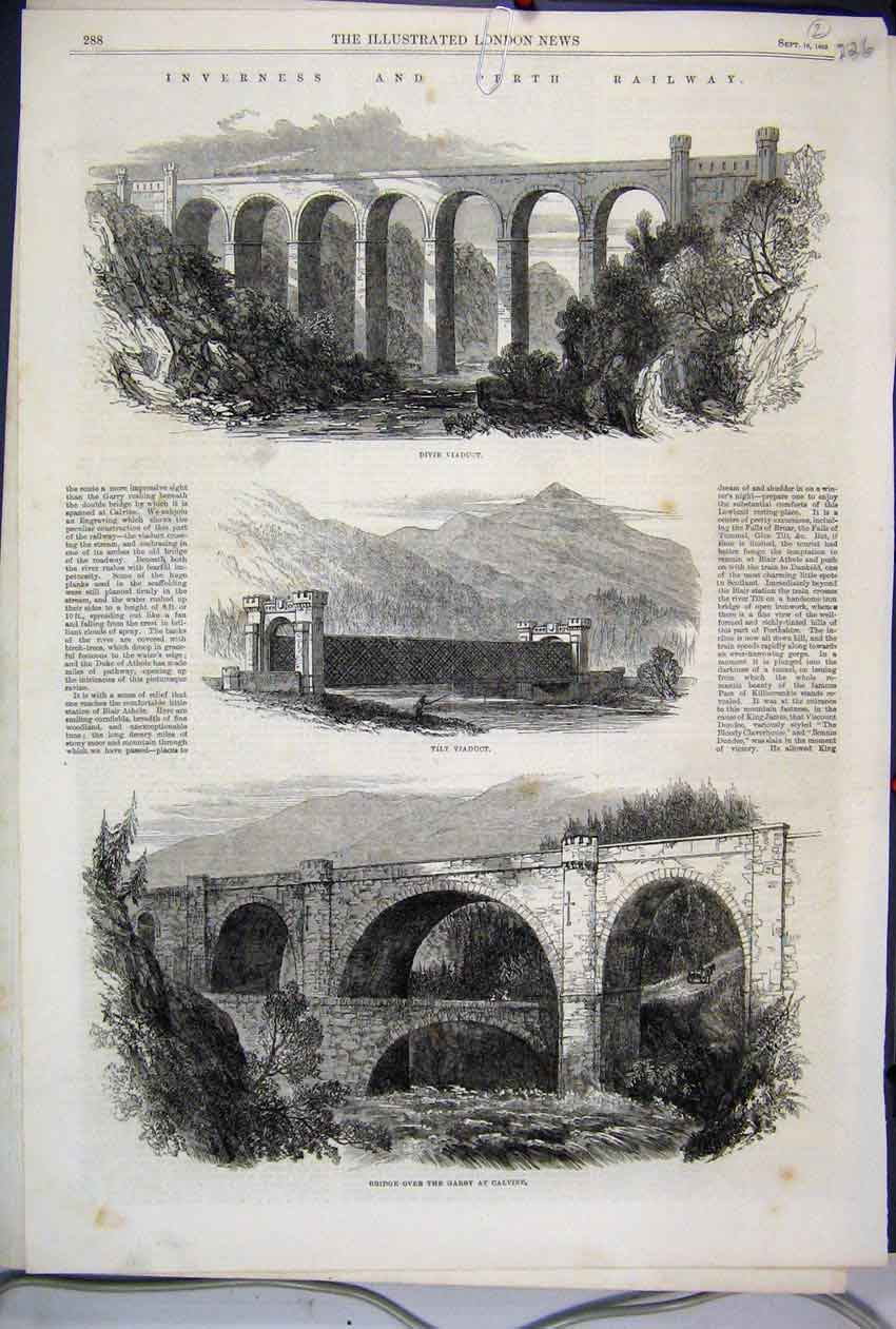 Original Old Antique Print 1863 Inverness Perth Railway Divie Viaduct Tilt Garby