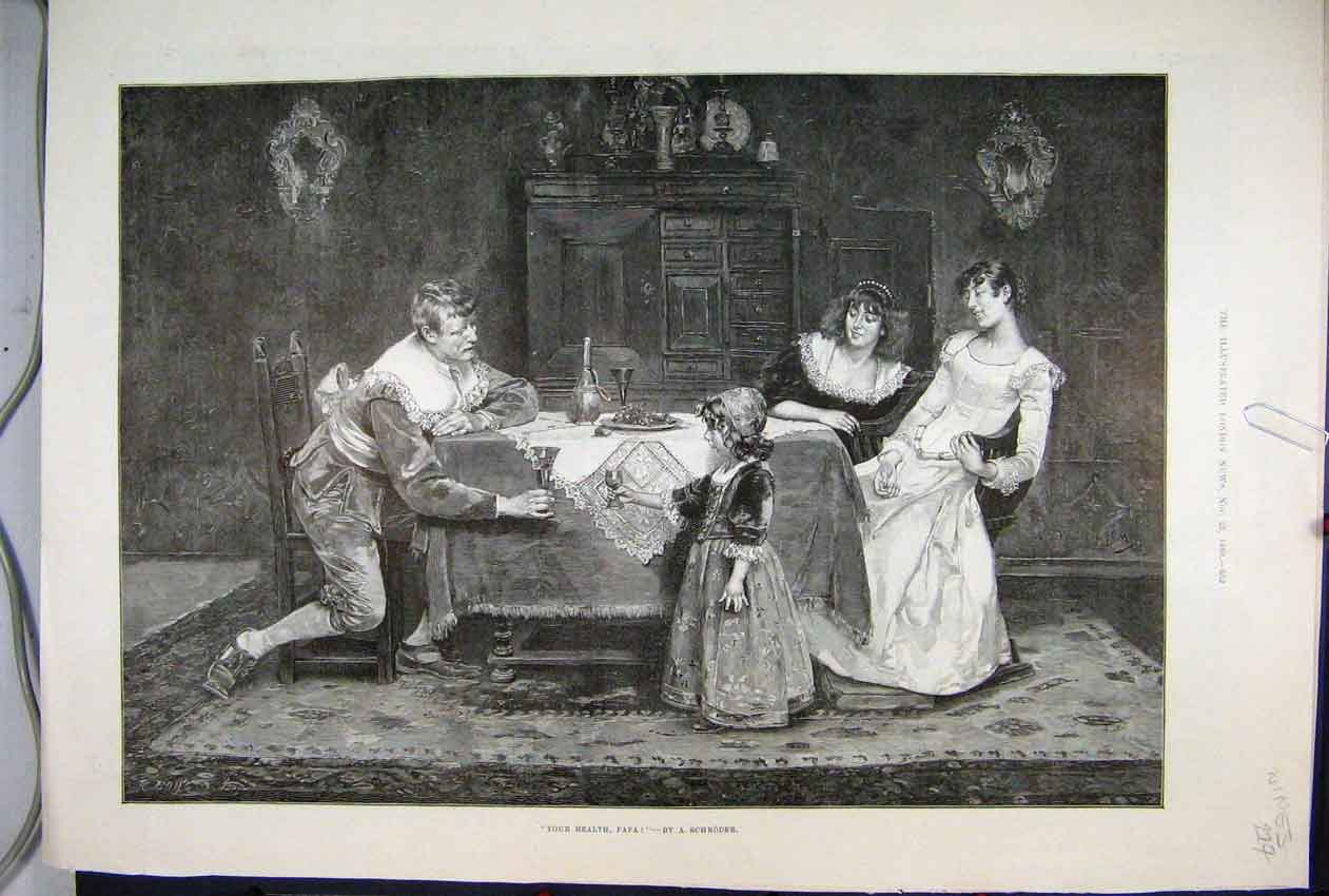 Original Old Antique Print 1889 Wines Family Dinner Table Cheers Fine Art 19th