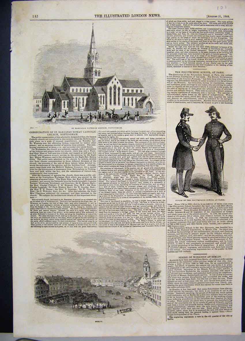 Old Antique Print 1844 Barnabas Catholic Church Nottimgham Berlin Paris 19th