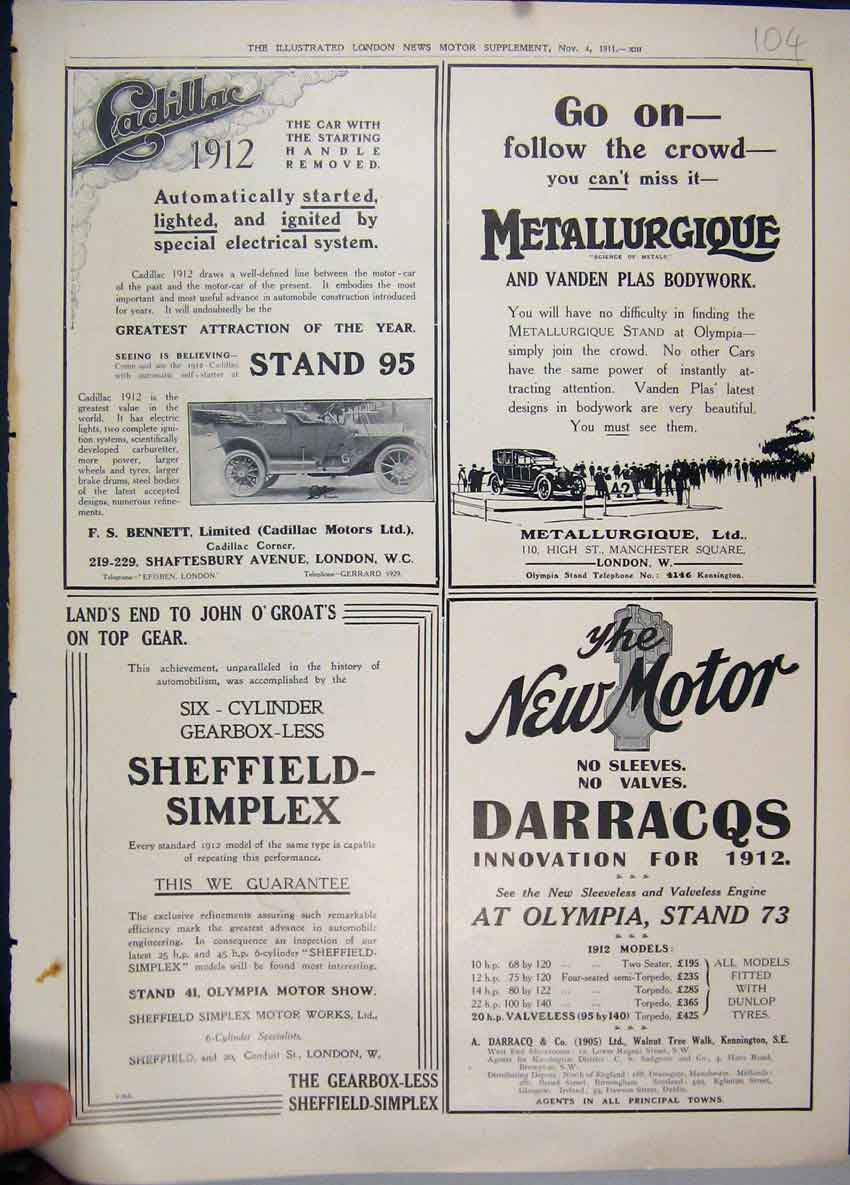 Original Old Antique Print 1911 Cars Cadillac Metallurgique Darracqs Engine