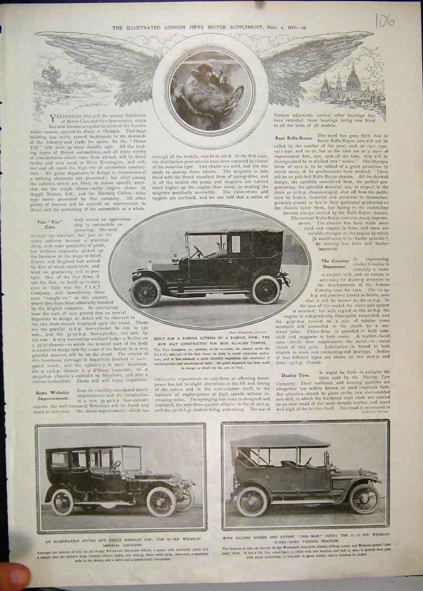 Original Old Antique Print 1911 Car Wolseley Imperial Limousine Phaeton Fiat