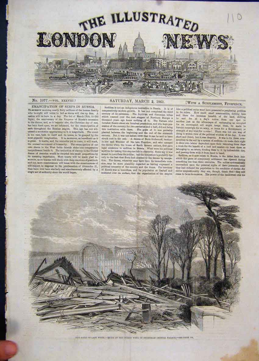 Old Antique Print 1861 Ruins Wing Sydenham Crystal Palace Gale Trees Wind 19th